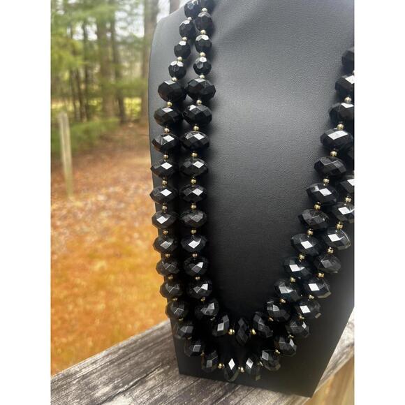 VTG KJL Kenneth Lane Faceted Jet Black Gold Bead Double Strand Necklace 28" Long - Picture 5 of 8